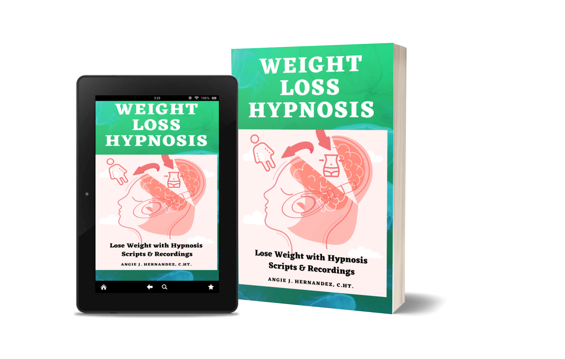 Head with the overweight image leaving the head and the thin image entering the head with the title Weight Loss Hypnosis